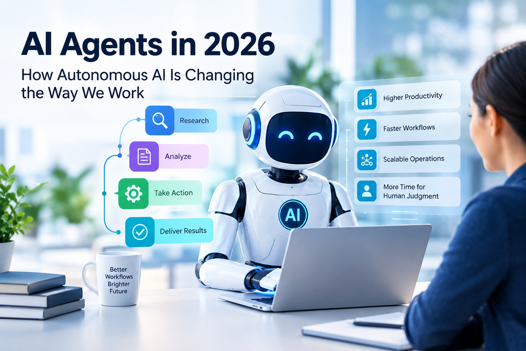 AI agents in 2026 working alongside humans, showing autonomous AI workflows, productivity, faster processes, scalable operations, and human decision-making.